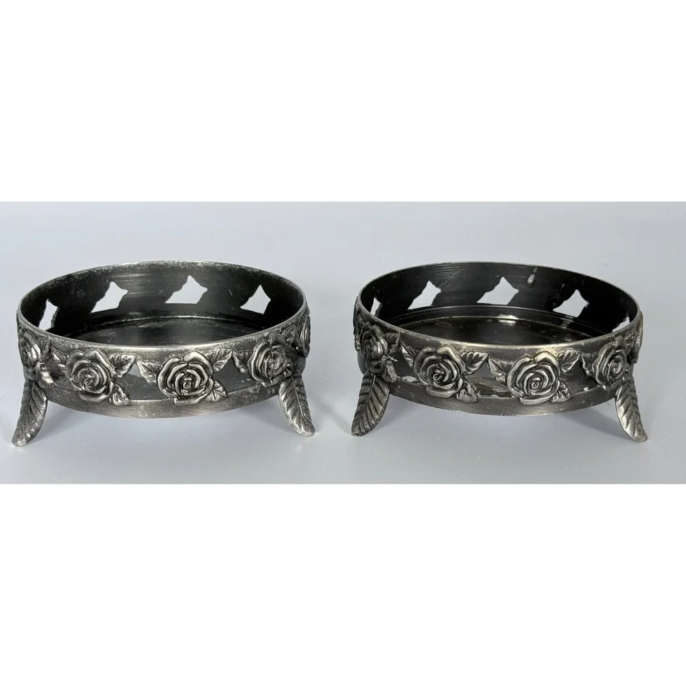 2 Silver Tone Metal Rose Candle Ring Base Holder Stand Holds 4